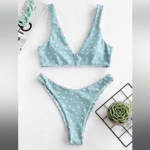 ZAFUL High Cut Snake Leopard Heart Reversible Valentine Bikini - Blue Hosta